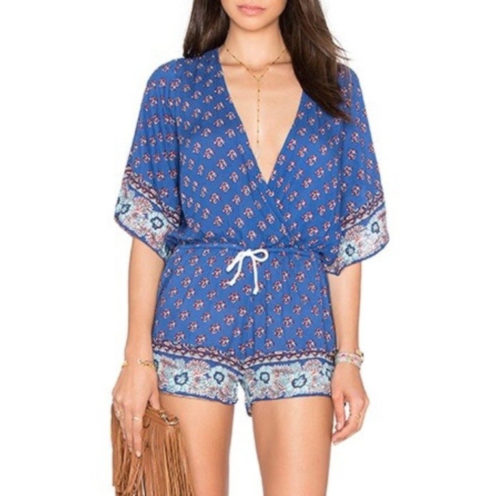 Faithfull The Brand Blue Floral Paisley Romper Open Back Boho V-Neck Size M